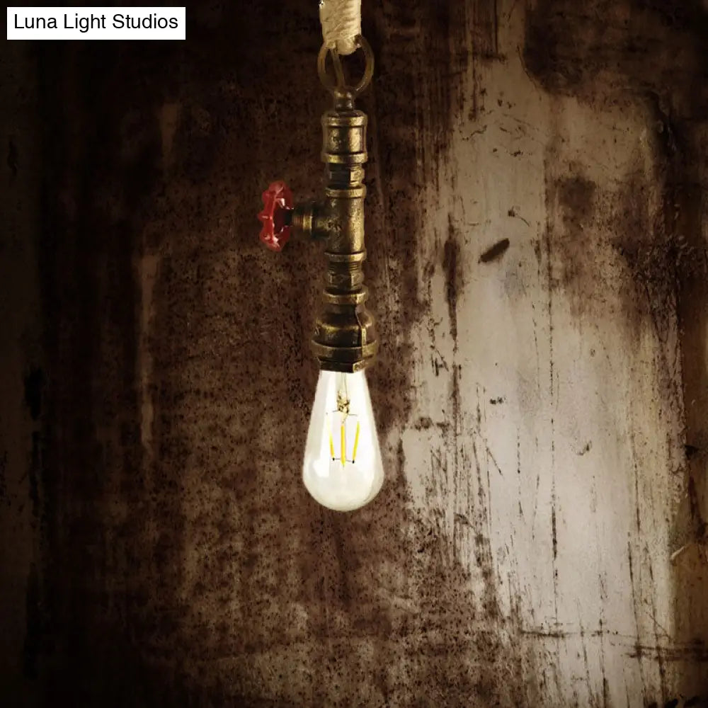 Industrial 1-Light Wrought Iron Pipe Pendant With Adjustable Rope - Aged Silver/Copper