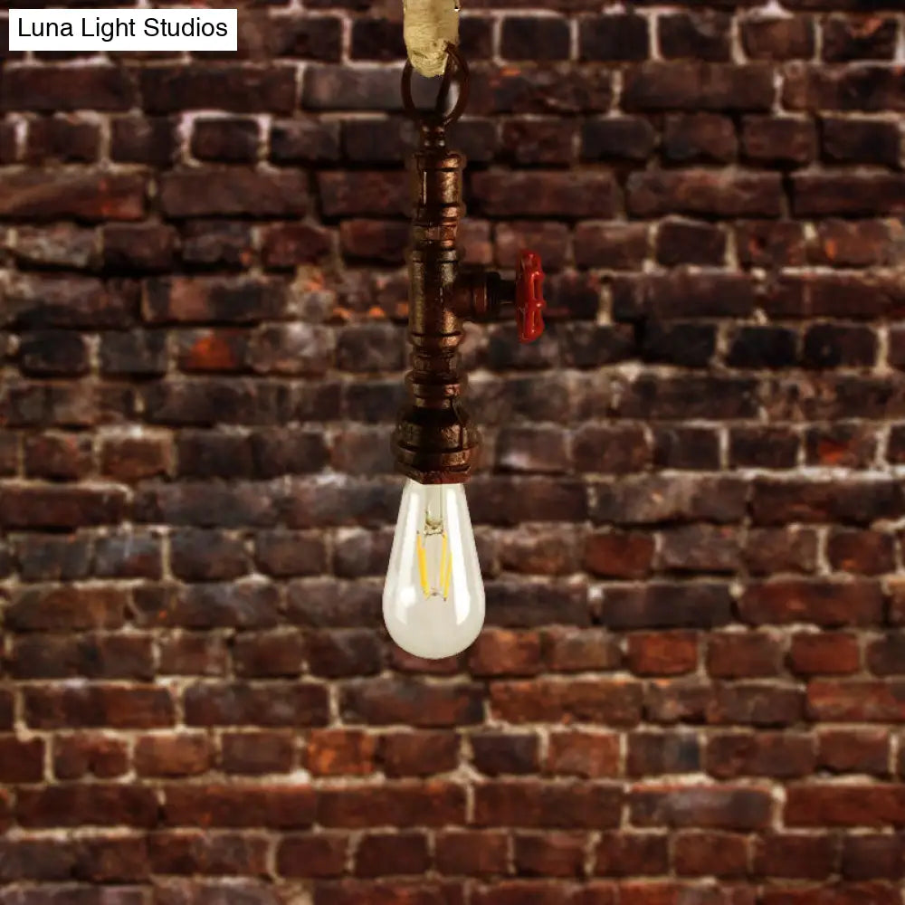 Industrial 1-Light Wrought Iron Pipe Pendant With Adjustable Rope - Aged Silver/Copper