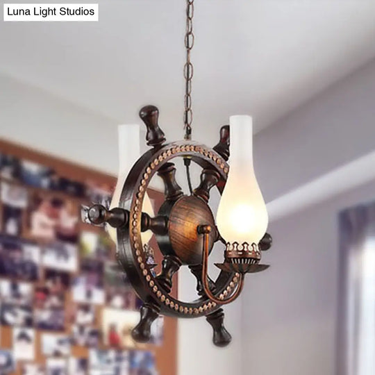 Industrial 2-Light Pendant Chandelier In Oil Rubbed Bronze With White Glass Bottle Shades