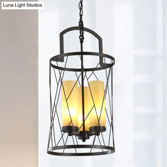 Industrial 3-Head Pendant Lamp With Cylinder Glass Shade And Wire Frame For Restaurants - Black