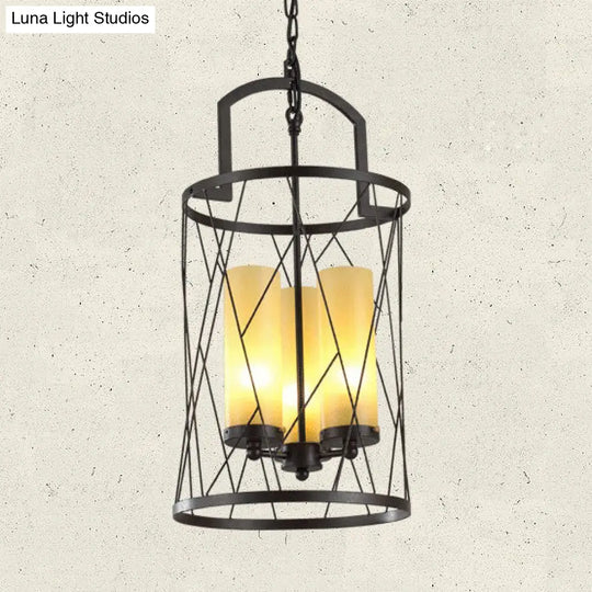 Industrial 3-Head Black Pendant Lamp With Cylinder Glass Shade And Wire Frame - Perfect For