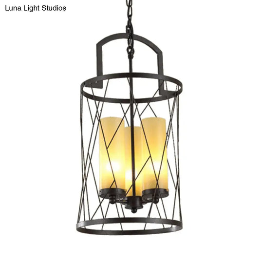 Industrial 3-Head Pendant Lamp With Cylinder Glass Shade And Wire Frame For Restaurants - Black