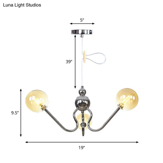 Industrial 3-Head Hanging Chandelier With Amber/Clear Glass Shades - Black/Chrome Finish Orbit