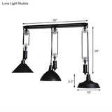 Industrial 3-Light Pendant With Adjustable Shades And Pulley Design In Black