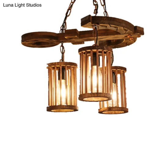 Industrial Wood Chandelier - 3-Light Cylinder Shade Pendant With Chain For Dining Room Lighting