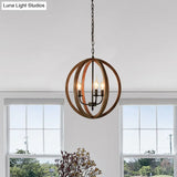 Industrial 3-Light Wooden Sphere Chandelier Pendant For Dining Room In Brown
