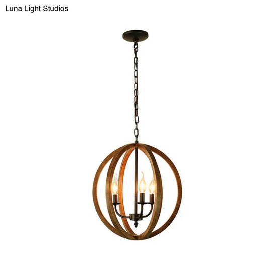 Industrial Loft Wooden Pendant Chandelier With 3 Spherical Lights - Brown Ideal For Dining Room