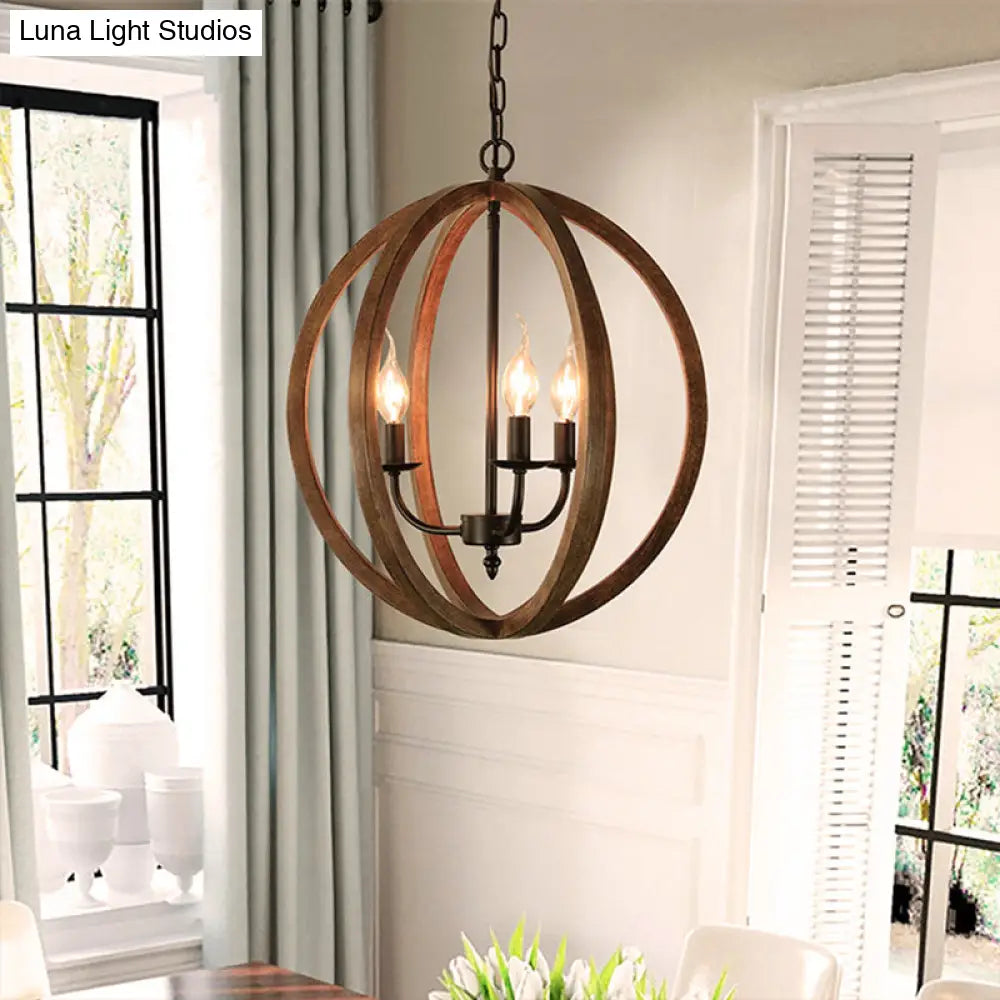 Industrial Loft Wooden Pendant Chandelier With 3 Spherical Lights - Brown Ideal For Dining Room