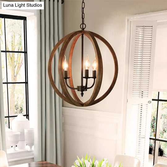 Industrial Loft Wooden Pendant Chandelier With 3 Spherical Lights - Brown Ideal For Dining Room