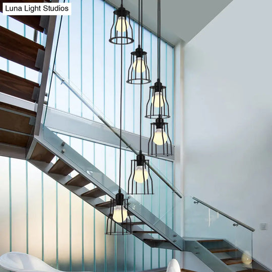 Iron Wire Cage Ceiling Light - Industrial 6 Head Stair Pendant Lamp In Black