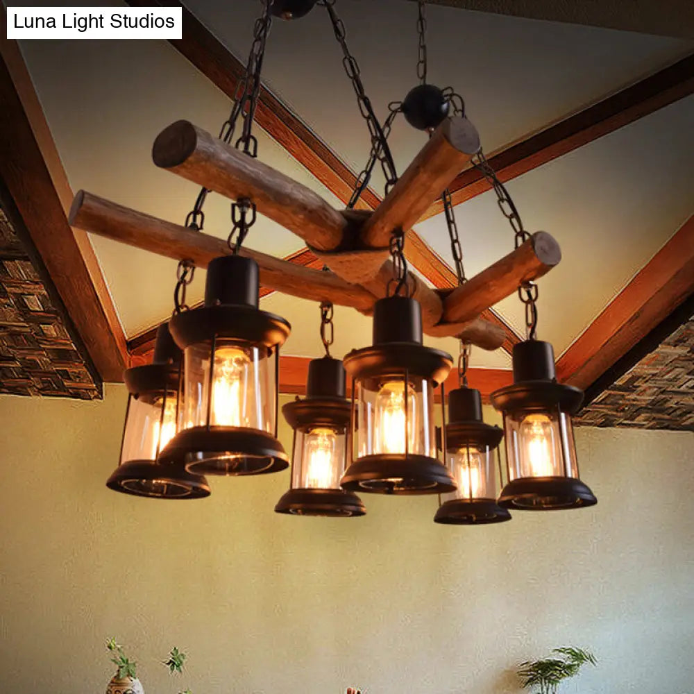 Industrial Wood Pendant Chandelier With 6 Heads For Restaurant Lighting
