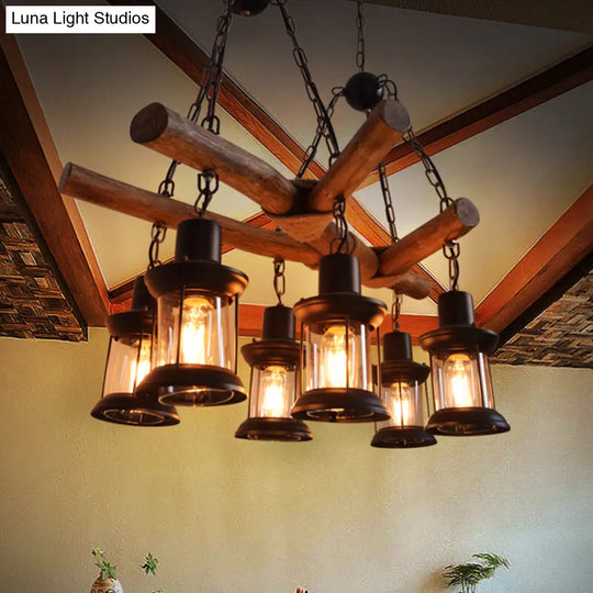 Industrial Wood Pendant Chandelier With 6 Heads For Restaurant Lighting