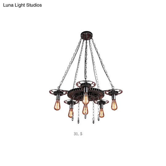 Industrial 6-Light Metal Chandelier With Exposed Bulbs - Silver/Bronze Pendant Lighting For Dining