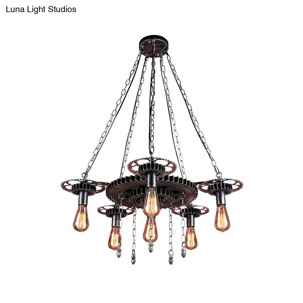 Industrial 6-Light Metal Chandelier With Exposed Bulbs - Silver/Bronze Pendant Lighting For Dining