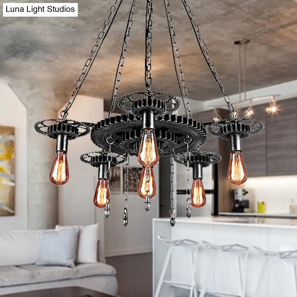 Industrial 6-Light Metal Chandelier With Exposed Bulbs - Silver/Bronze Pendant Lighting For Dining