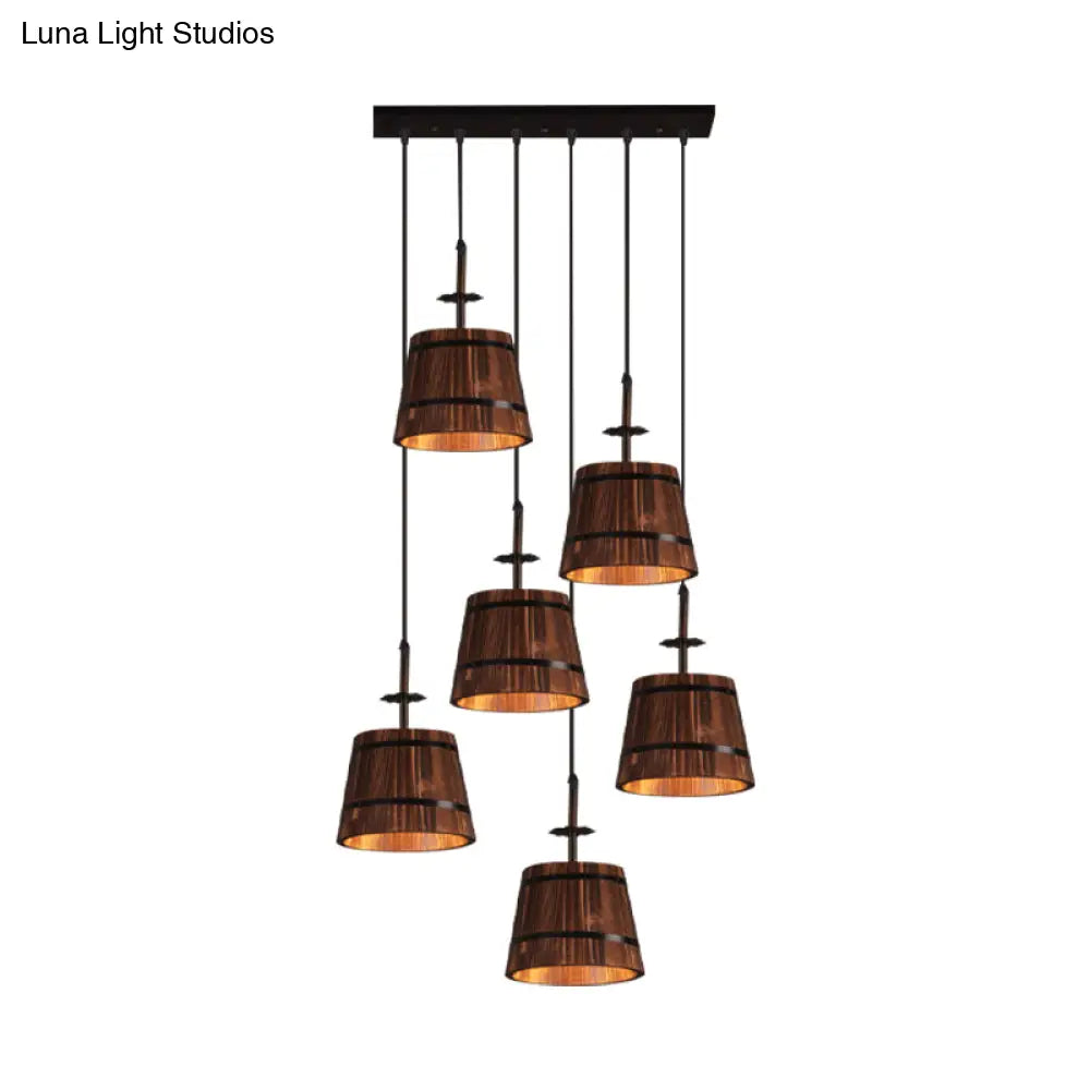 Industrial 6-Light Wooden Tapered Shade Pendant Light In Brown For Coffee Shop
