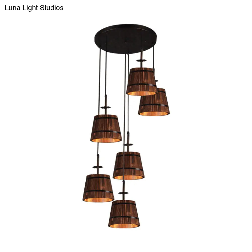 Industrial 6-Light Wooden Pendant For Coffee Shops - Tapered Brown Shades