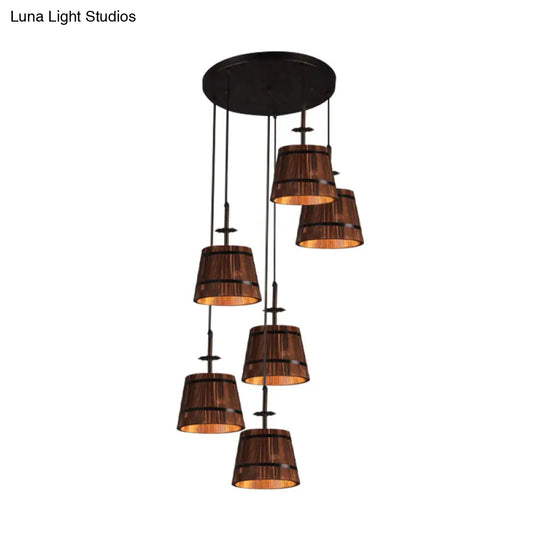 Industrial 6-Light Wooden Pendant For Coffee Shops - Tapered Brown Shades