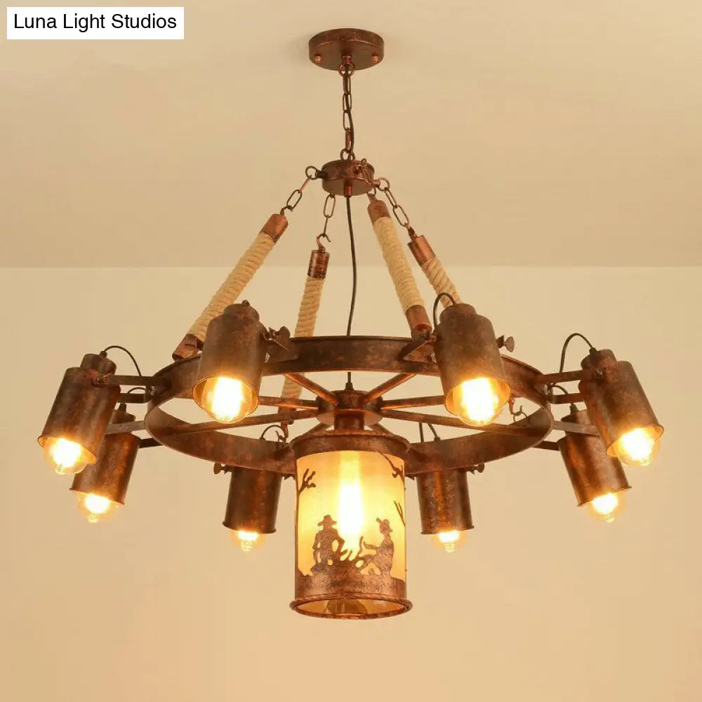 Industrial Adjustable Chandelier Pendant With 8 Lights Black/Rust Wheel Design Restaurant Ceiling