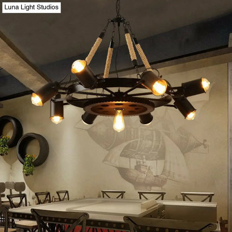 Industrial Adjustable Chandelier Pendant With 8 Lights Black/Rust Wheel Design Restaurant Ceiling
