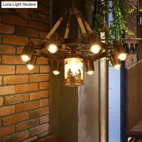 Industrial Adjustable Chandelier Pendant With 8 Lights Black/Rust Wheel Design Restaurant Ceiling