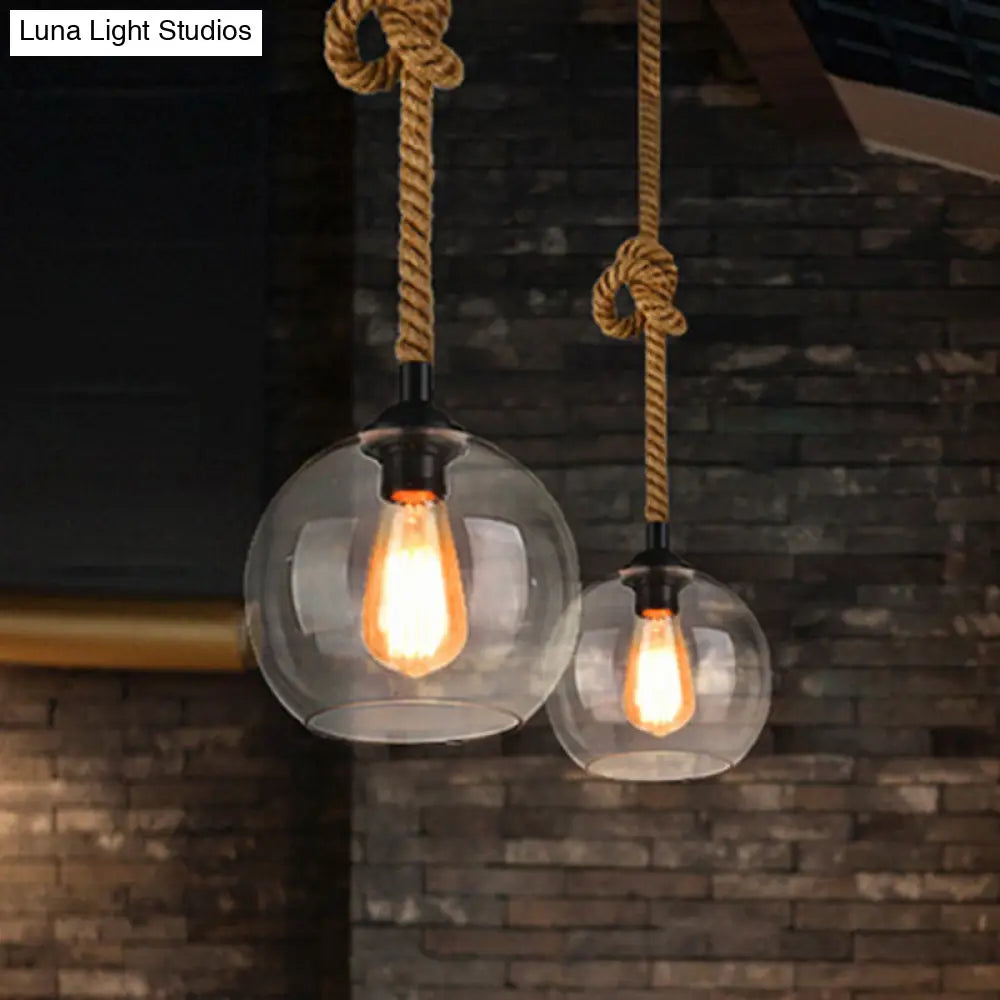 Industrial Amber/Clear Glass Ball Pendant Lamp For Restaurant Ceiling With Rope Rod Clear / 10’
