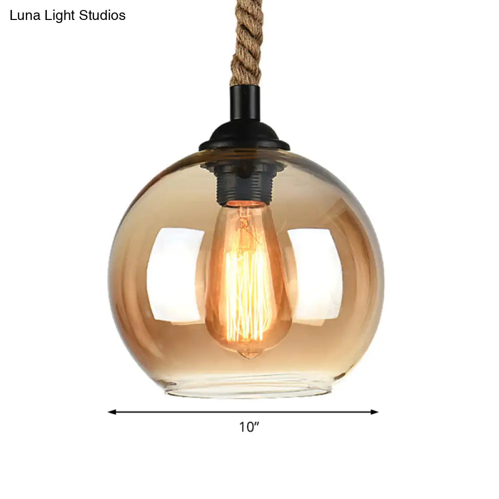 Industrial Glass Ball Pendant Lamp With Rope Rod - Amber/Clear 1 Head Restaurant Ceiling Lighting