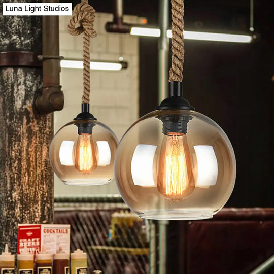 Industrial Amber/Clear Glass Ball Pendant Lamp For Restaurant Ceiling With Rope Rod Clear / 8’