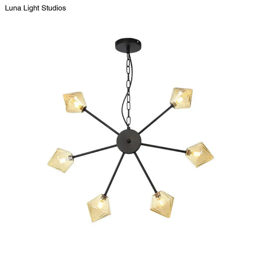 Diamond Shade Hanging Industrial Chandelier Lamp With Amber/Clear Glass - 6/9/12 Heads