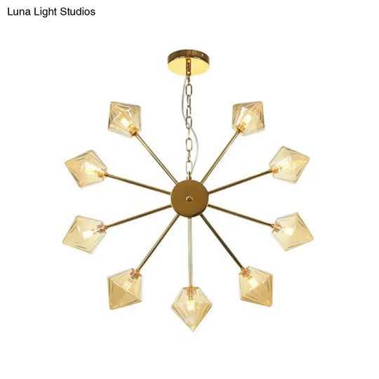 Diamond Shade Hanging Industrial Chandelier Lamp With Amber/Clear Glass - 6/9/12 Heads