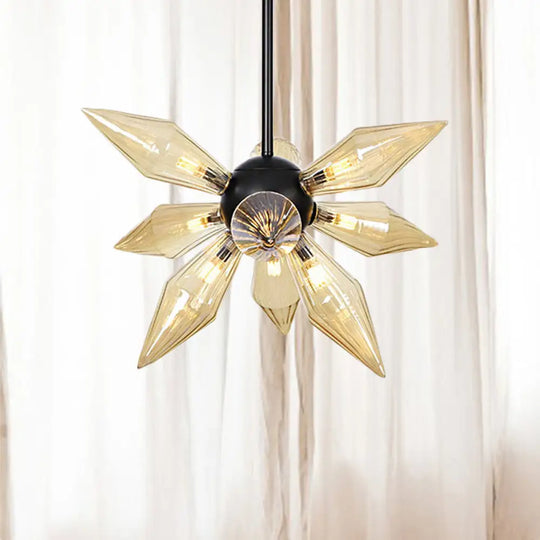 Industrial Amber/Clear Ribbed Glass Pendant Lighting With Starburst Design - 9/12/15 Heads Bedroom
