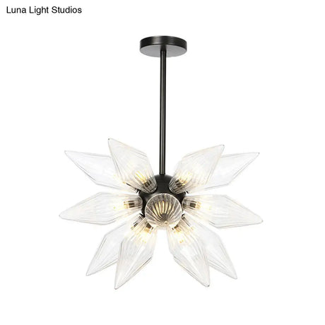 Industrial Amber/Clear Ribbed Glass Pendant Lighting With Starburst Design - 9/12/15 Heads Bedroom