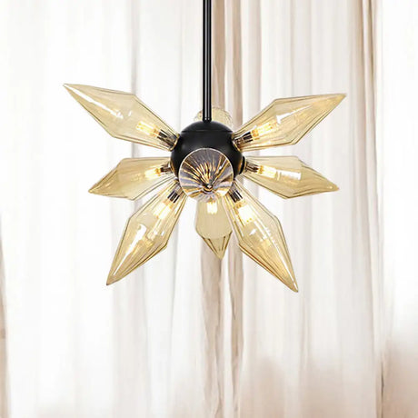 Industrial Amber/Clear Ribbed Glass Pendant Lighting With Starburst Design - 9/12/15 Heads Bedroom