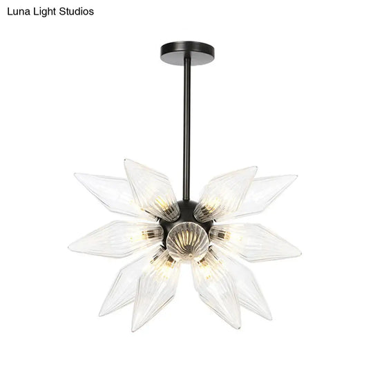 Industrial Amber/Clear Ribbed Glass Pendant Lighting With Starburst Design - 9/12/15 Heads Bedroom