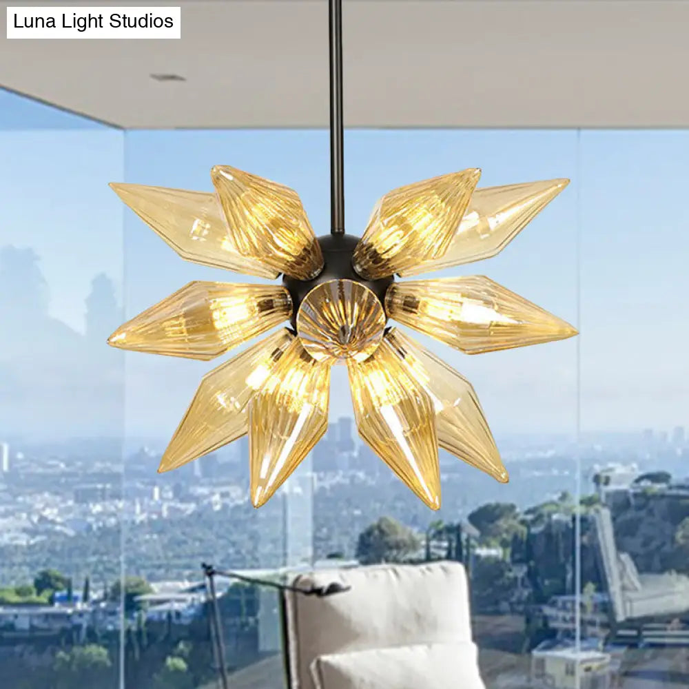 Industrial Pendant Chandelier With Amber/Clear Ribbed Glass And Starburst Design - 9/12/15 Heads For
