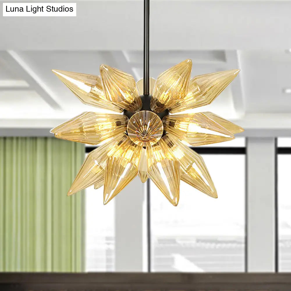 Industrial Pendant Chandelier With Amber/Clear Ribbed Glass And Starburst Design - 9/12/15 Heads For
