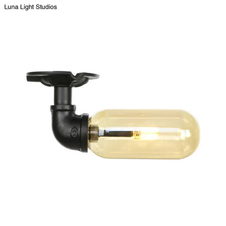 Industrial Amber Glass Semi Flush Mount Light With Pipe Design - Black Capsule Shade Indoor Ceiling