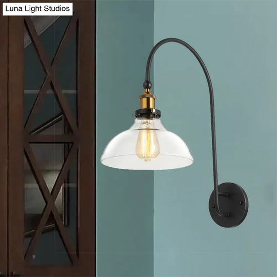 Industrial Antique Brass Barn Wall Light Fixture With Clear Glass And Gooseneck Arm