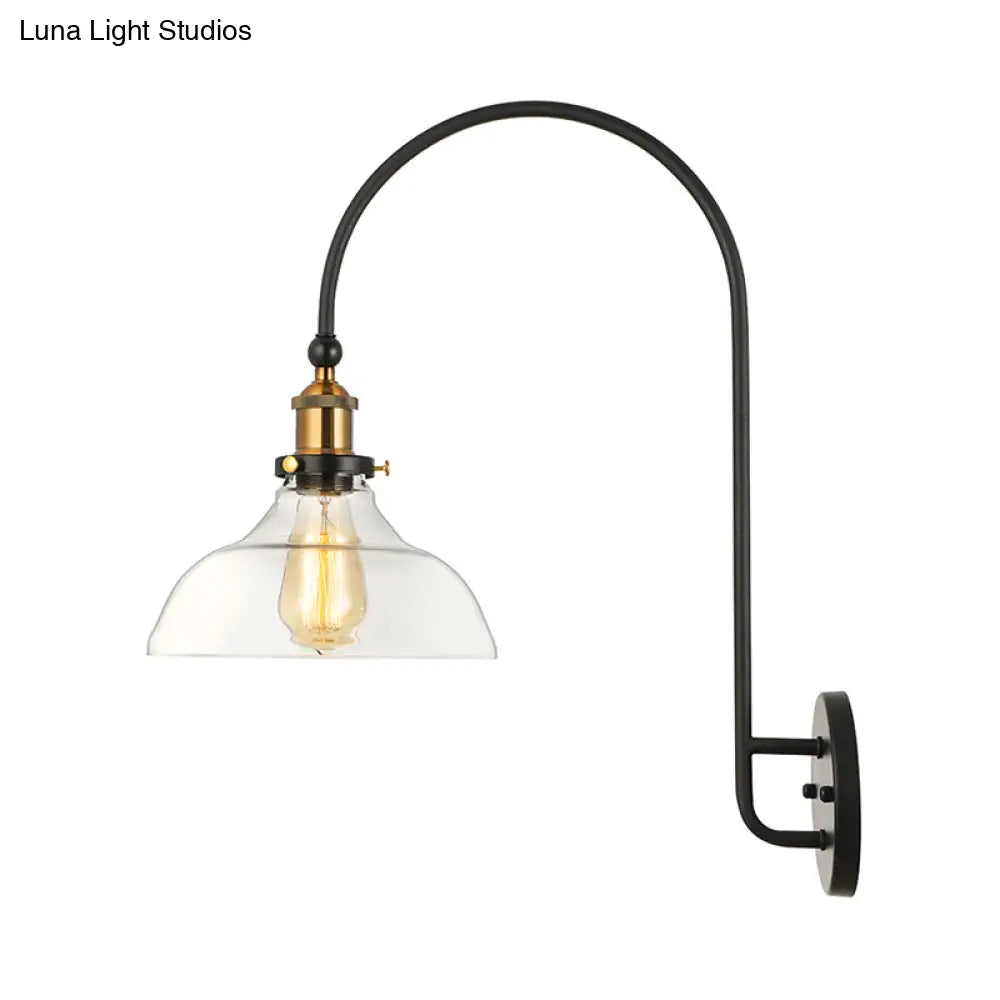 Industrial Antique Brass Barn Wall Light Fixture With Clear Glass And Gooseneck Arm