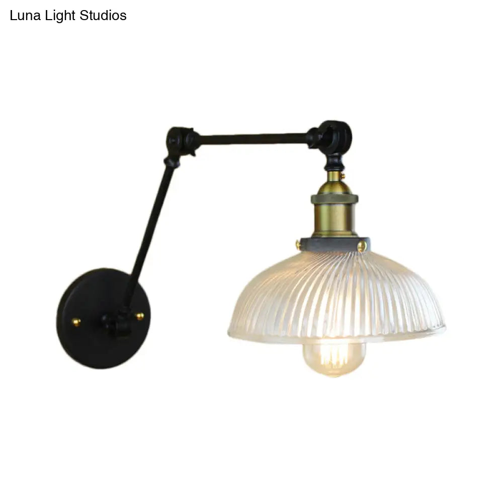 Industrial Antique Brass/Black/Rust Swing Arm Wall Sconce With Ribbed Glass Shade - Perfect Living