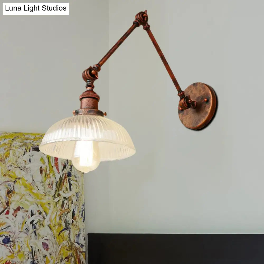Industrial Antique Brass/Black/Rust Swing Arm Wall Sconce With Ribbed Glass Shade - Perfect Living