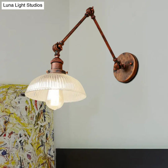 Industrial Antique Brass/Black/Rust Swing Arm Wall Sconce With Ribbed Glass Shade - Perfect Living