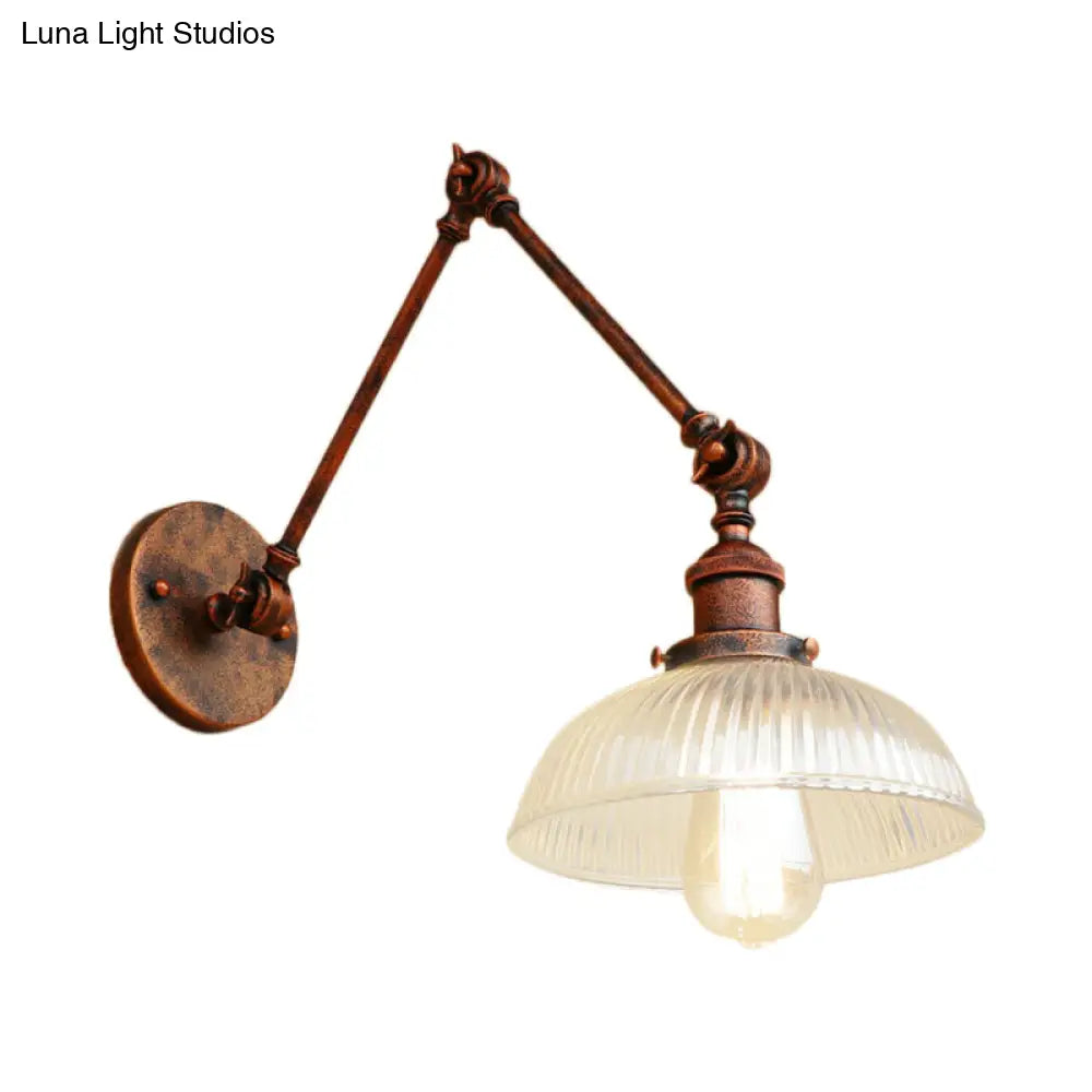Industrial Antique Brass/Black/Rust Swing Arm Wall Sconce With Ribbed Glass Shade - Perfect Living