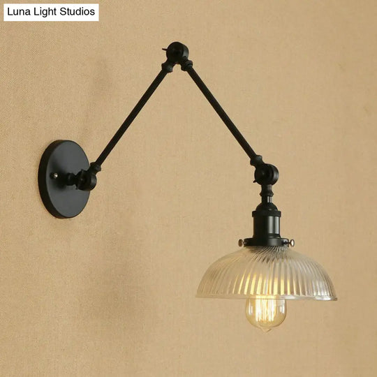 Industrial Antique Brass/Black/Rust Swing Arm Wall Sconce With Ribbed Glass Shade - Perfect Living