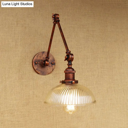Industrial Antique Brass/Black/Rust Swing Arm Wall Sconce With Ribbed Glass Shade - Perfect Living