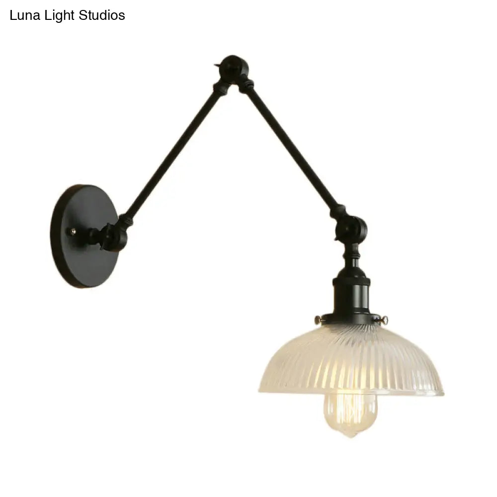 Industrial Antique Brass/Black/Rust Swing Arm Wall Sconce With Ribbed Glass Shade - Perfect Living
