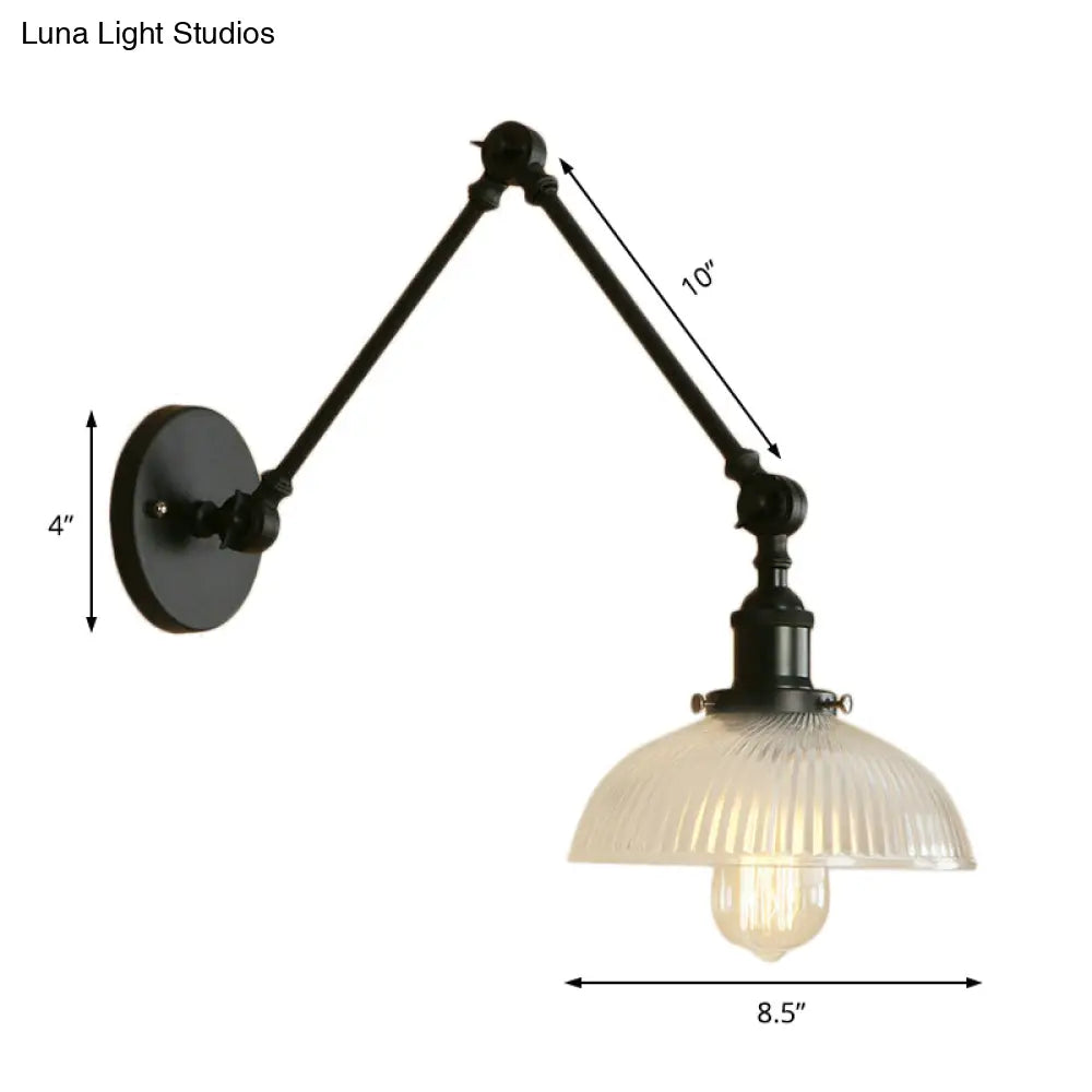 Industrial Antique Brass/Black/Rust Swing Arm Wall Sconce With Ribbed Glass Shade - Perfect Living