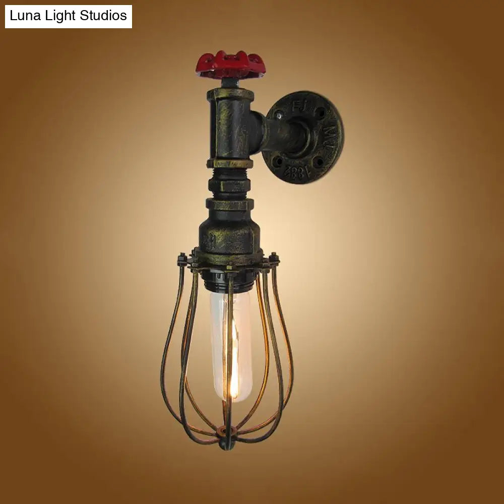Industrial Antique Brass Iron Wall Lamp With Wire Guard And Red Valve Mount Light