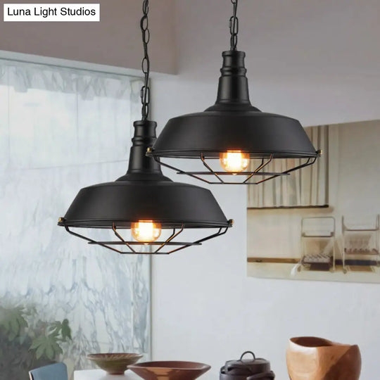 Barn Metal Suspension Dining Room Hanging Lamp - Industrial 1 Head Light With Tapered Cage Guard