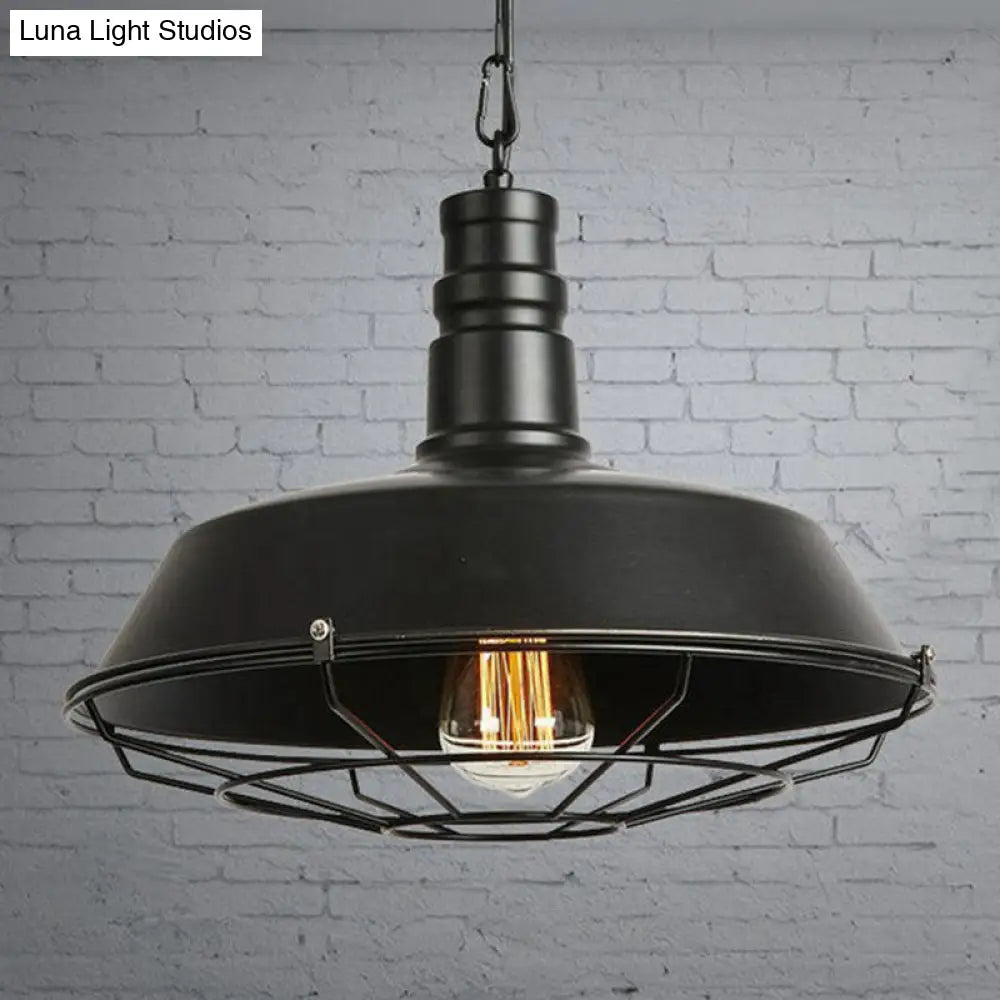 Barn Metal Suspension Dining Room Hanging Lamp - Industrial 1 Head Light With Tapered Cage Guard